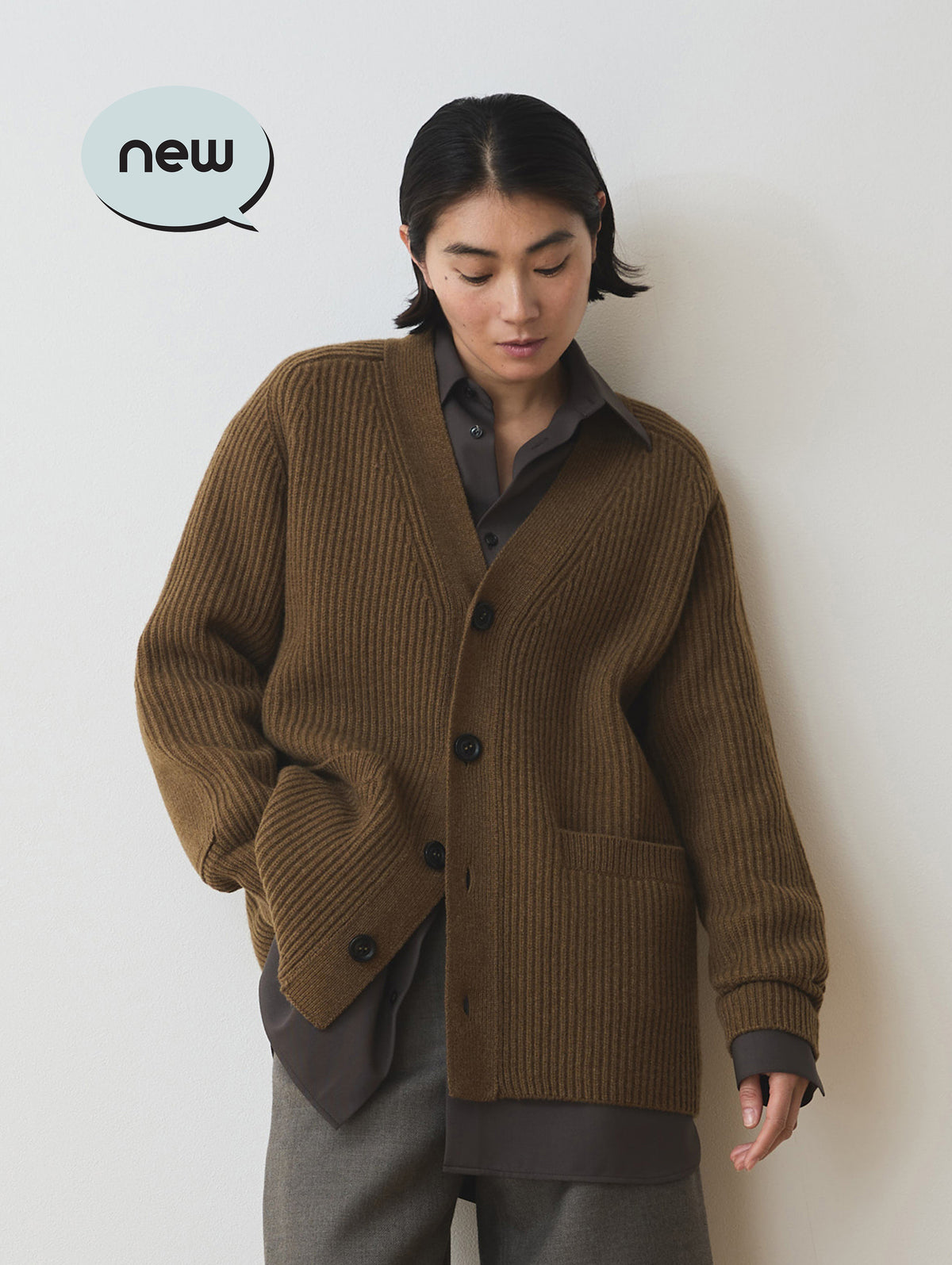 WOOL CASHMERE V-NECK RIB CARDIGAN