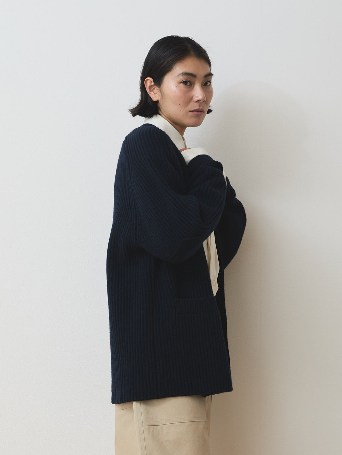 WOOL CASHMERE V-NECK RIB CARDIGAN