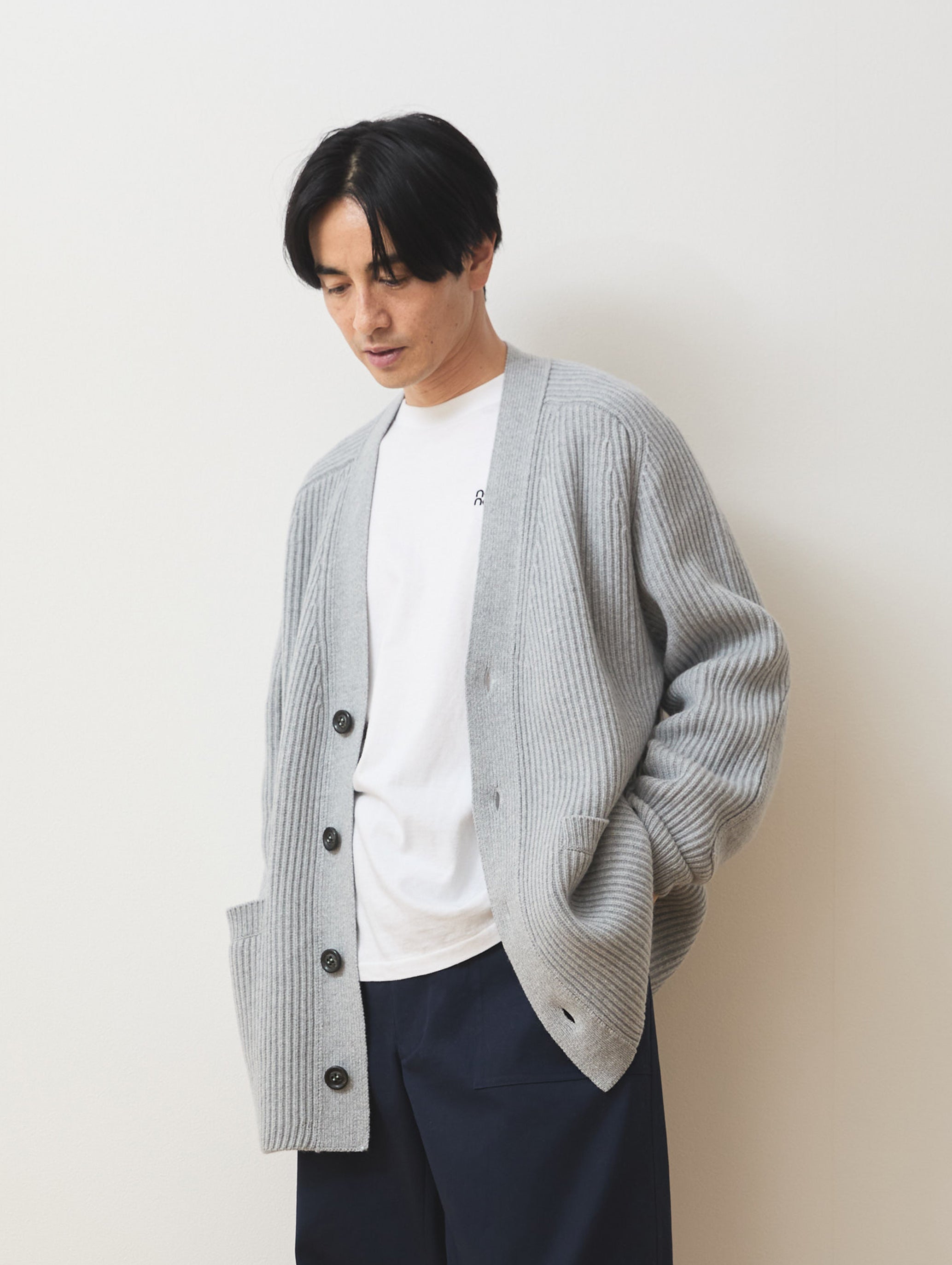 WOOL CASHMERE V-NECK RIB CARDIGAN
